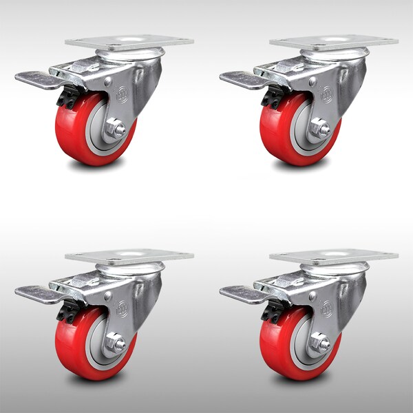 Service Caster 3 Inch SS Red Polyurethane Top Plate Caster Set Total Lock Brake SCC SCC-SSTTL20S314-PPUB-RED-4 - main